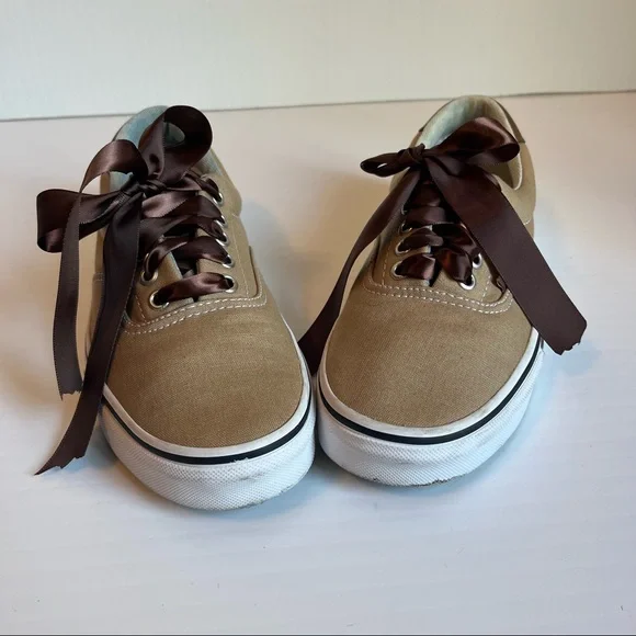 Vans Tan Brown Era Low Top Tan Canvas Brown With Brown Leather Sz 8 - Picture 6 of 11